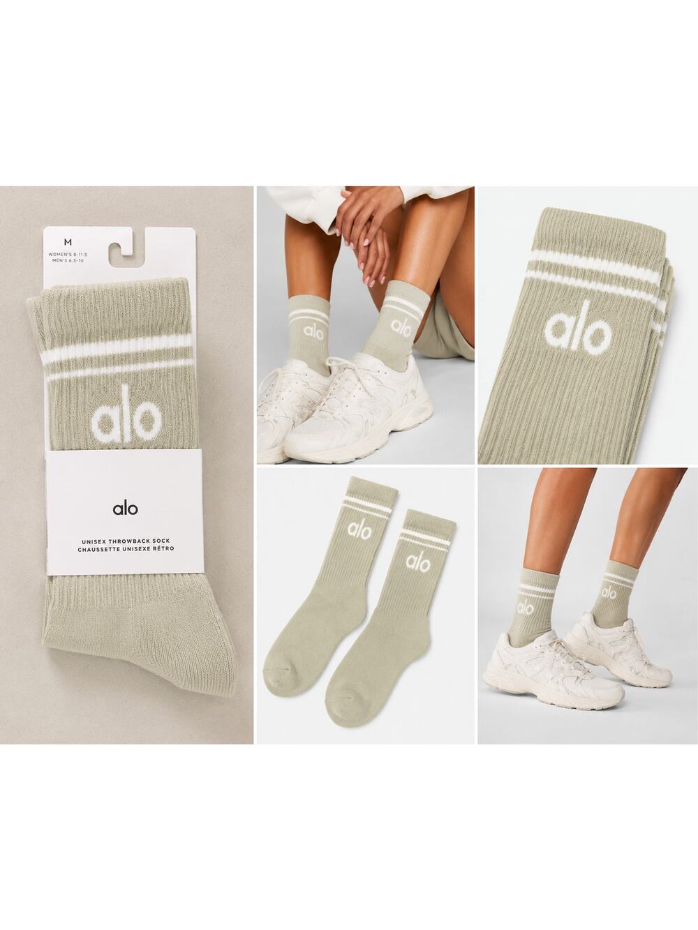 NWT Alo Yoga Unisex Throwback Socks Limestone White Crew Socks, M